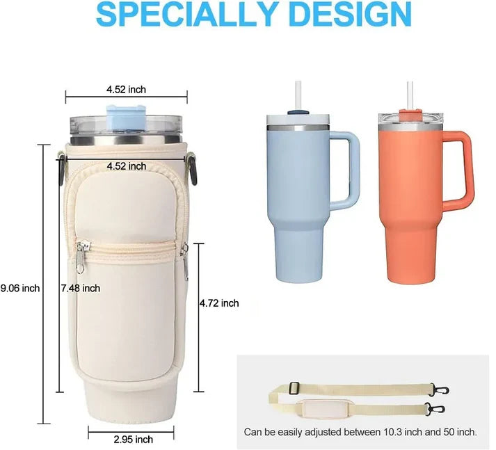 40oz Water Bottle Carrier Bag for Stanley Quencher Tumbler with Adjustable Strap & Pockets | Neoprene Sleeve Cup Holder Pouch ( Random Color )