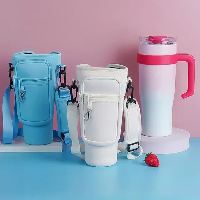 40oz Water Bottle Carrier Bag for Stanley Quencher Tumbler with Adjustable Strap & Pockets | Neoprene Sleeve Cup Holder Pouch ( Random Color )