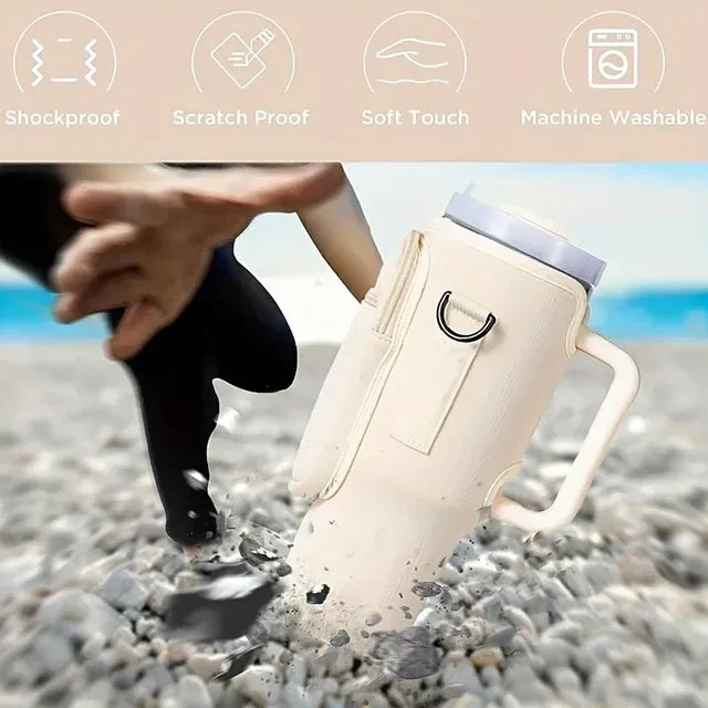 40oz Water Bottle Carrier Bag for Stanley Quencher Tumbler with Adjustable Strap & Pockets | Neoprene Sleeve Cup Holder Pouch ( Random Color )