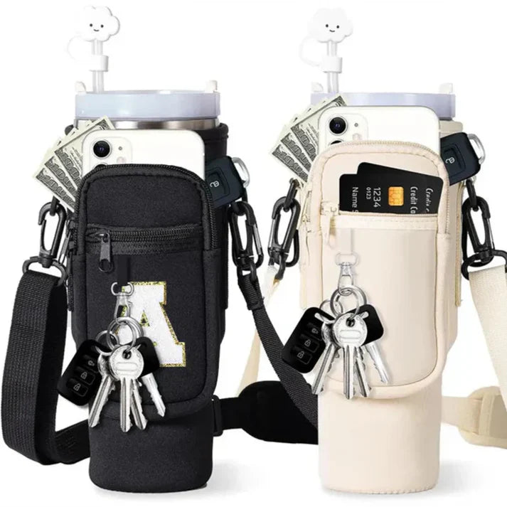 40oz Water Bottle Carrier Bag for Stanley Quencher Tumbler with Adjustable Strap & Pockets | Neoprene Sleeve Cup Holder Pouch ( Random Color )